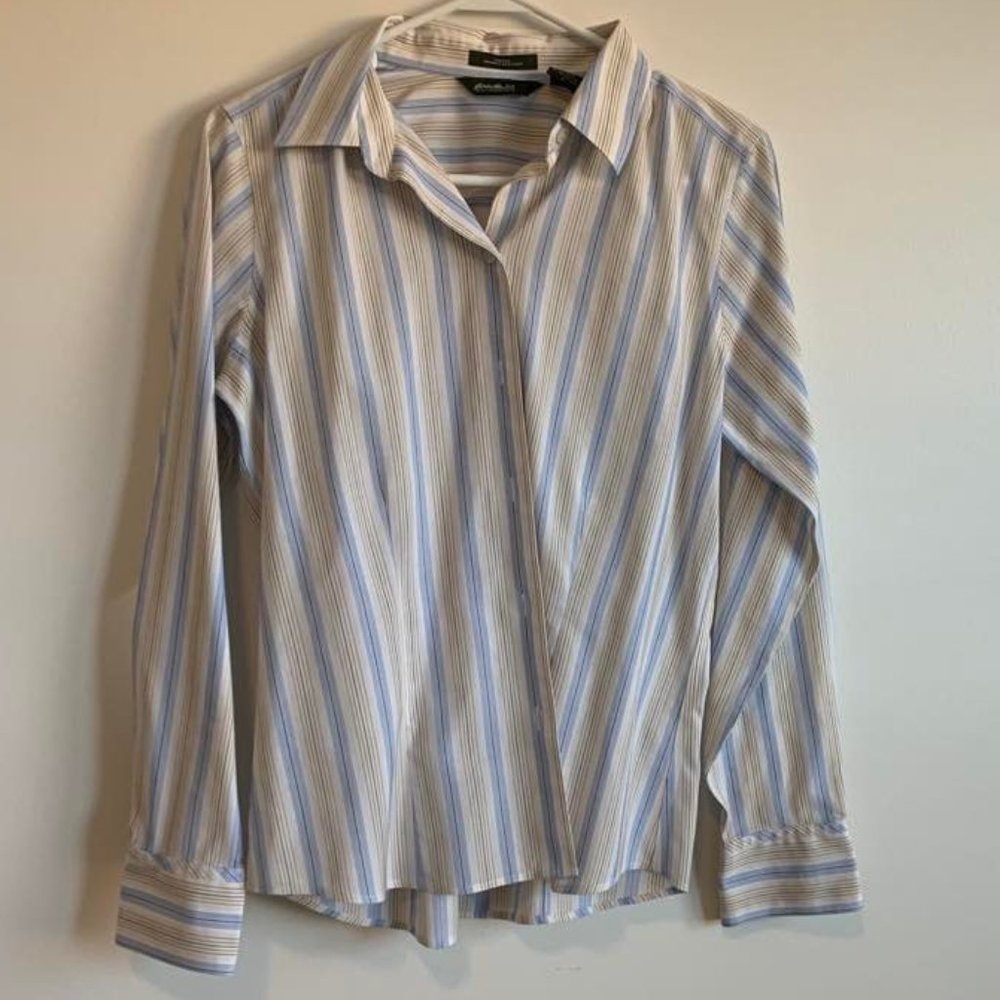 Eddie Bauer Off White Stripe Button LS Shirt, Stretch, Wrinkle Resistant, Size S